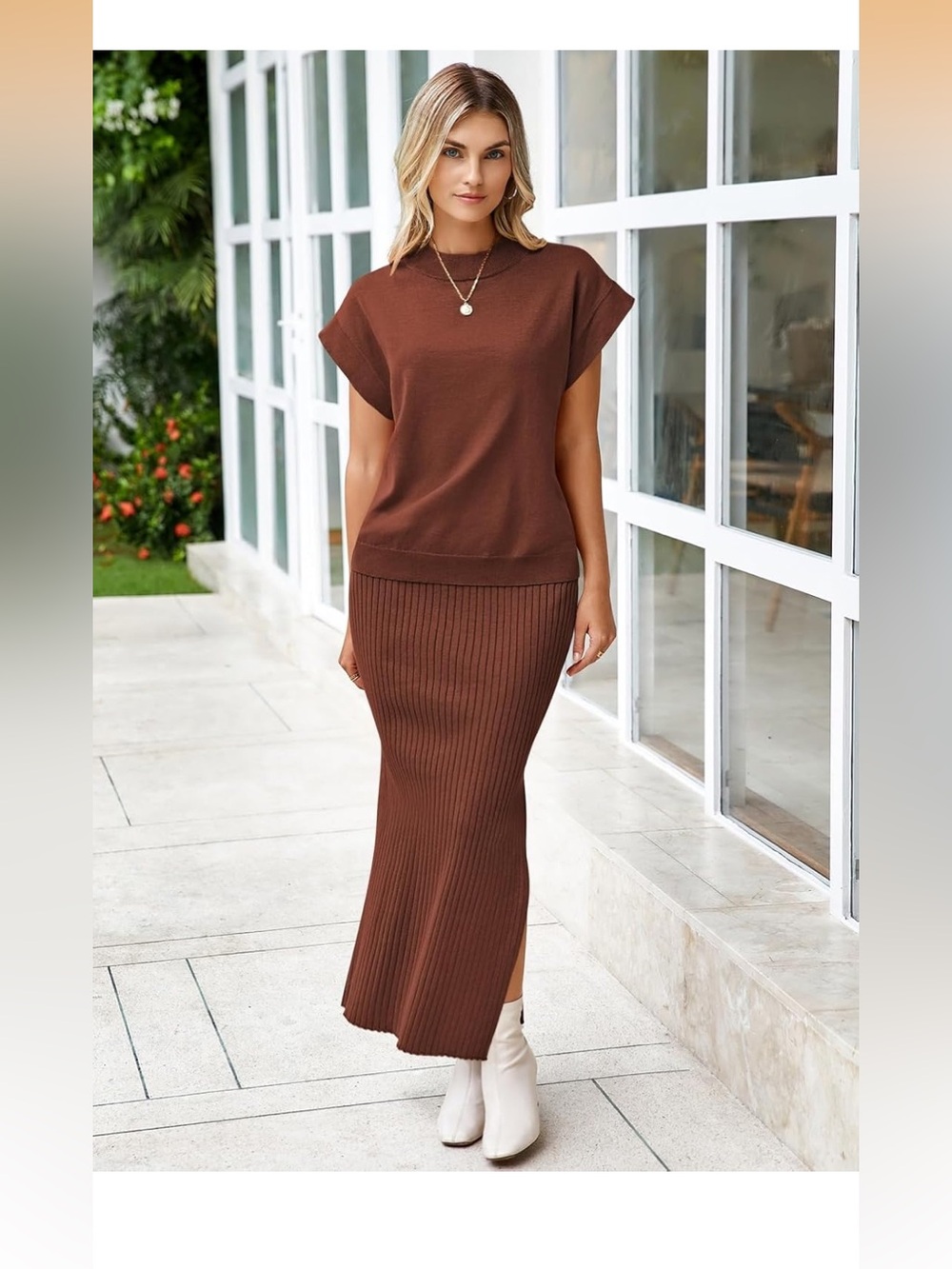 Brown Ribbed Knit Maxi Skirt Set women 2 piece set summer outfit small